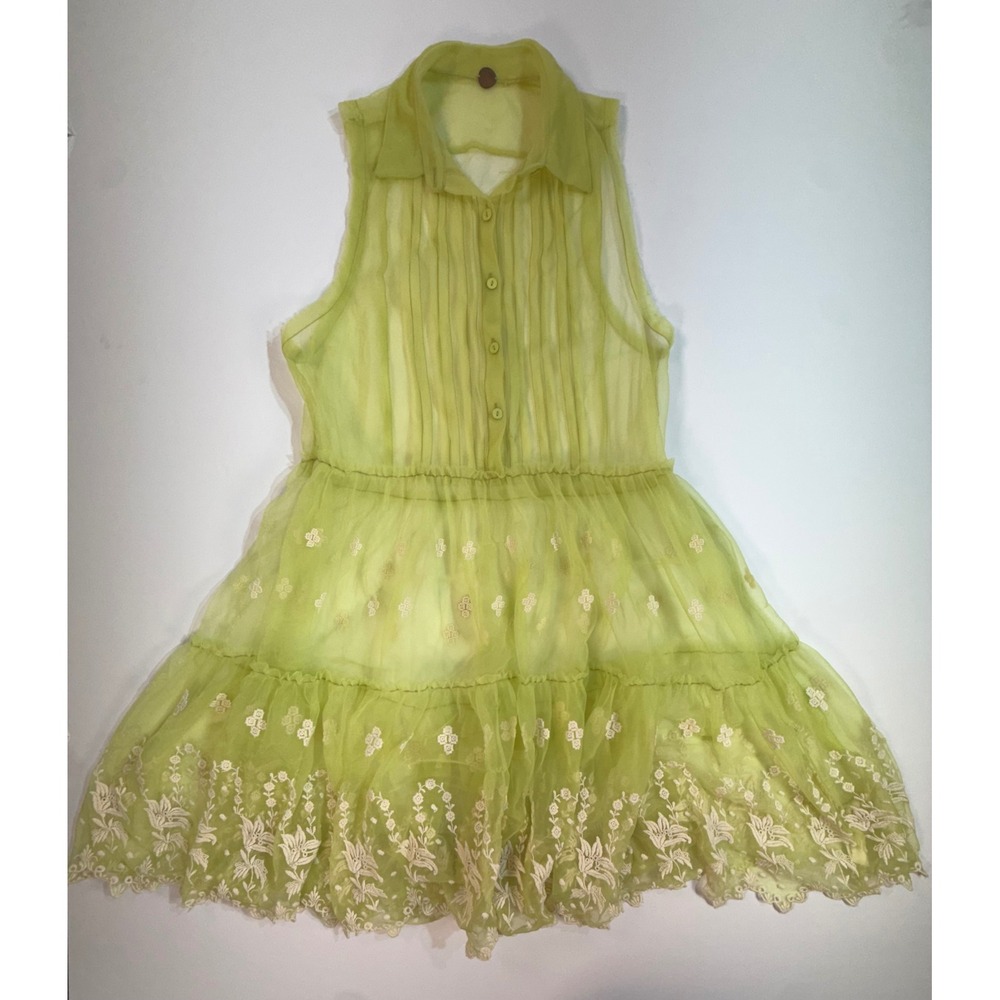 Free People FP One Lime Green Embroidered Mesh Tiered Mini Dress Sleeveless S